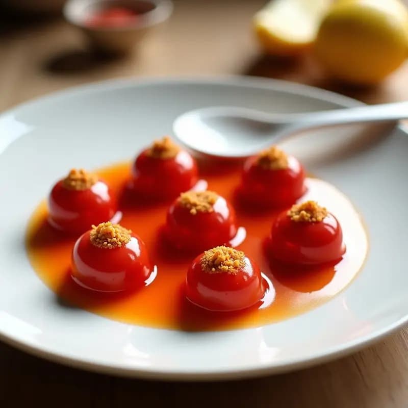 Plato blanco minimalista con esferas de gazpacho andaluz transparentes y brillantes, coronadas por perlas doradas de vinagre de Jerez, espolvoreadas con pimentón dulce. Aperitivo español innovador sin cocción, listo para servir en cucharitas elegantes.
