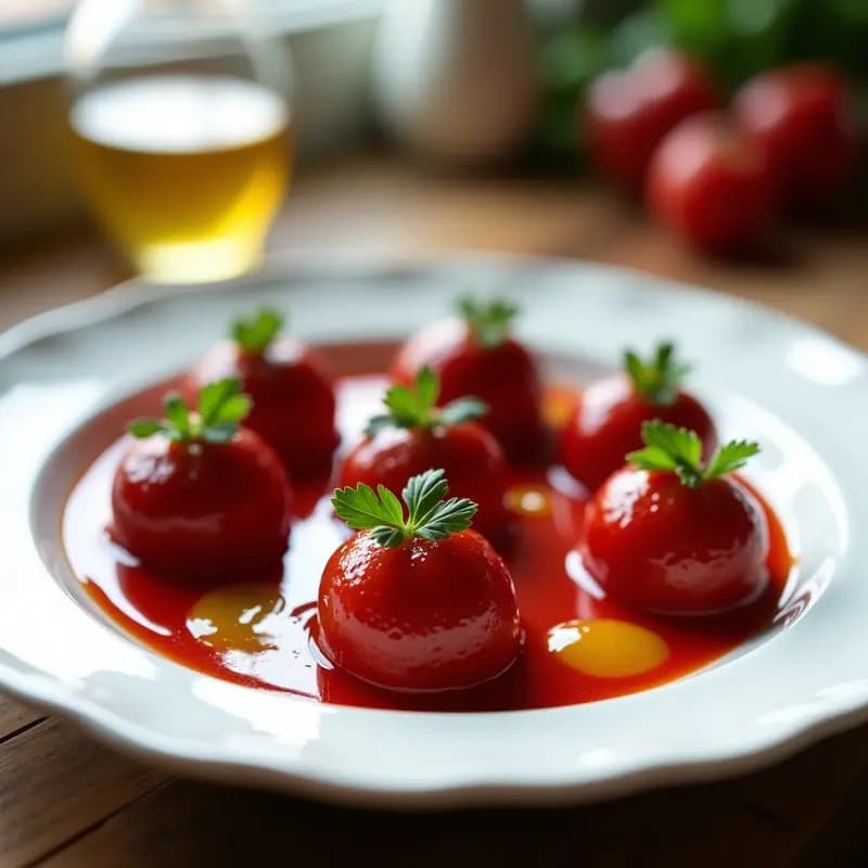 Plato blanco con esferas de gazpacho andaluz brillantes y rojas, bañadas en vinagreta de aceite de oliva virgen extra, decoradas con perejil fresco y un hilo de aceite. Aperitivo vegano y sin cocinar, perfecto para verano.