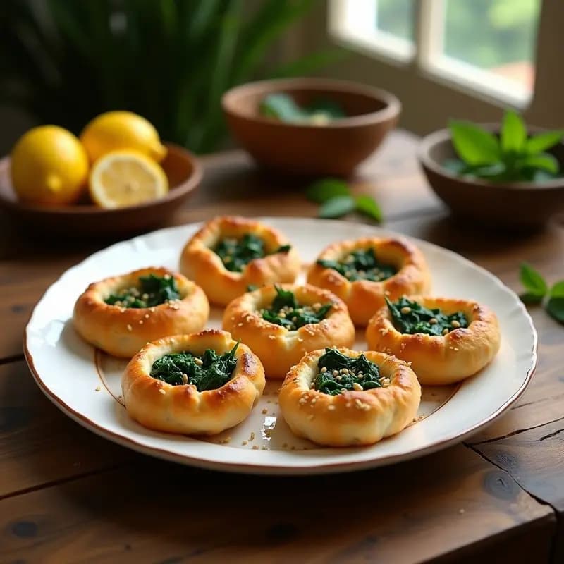 Bandja de esfihas libanesas doradas y crujientes en airfryer, rellenas de espinacas verdes y piñones tostados, espolvoreadas con semillas de sésamo sobre fondo rústico de madera.