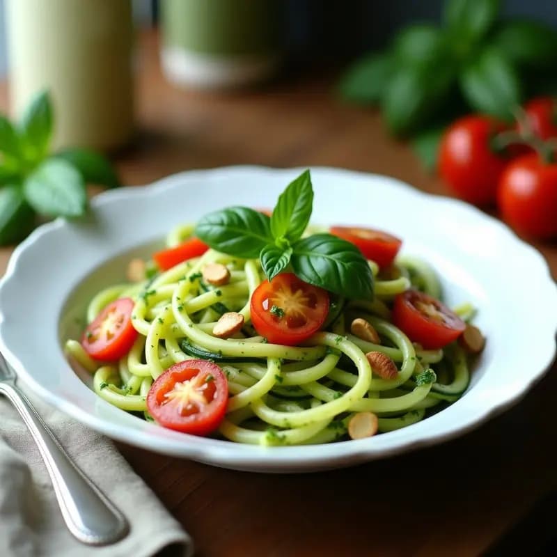 Plato hondo blanco con espaguetis de calabacín frescos cubiertos de un vibrante pesto verde de albahaca y anacardos, decorado con tomates cherry rojos, piñones tostados y hojas de albahaca. Receta italiana low-carb lista para servir.