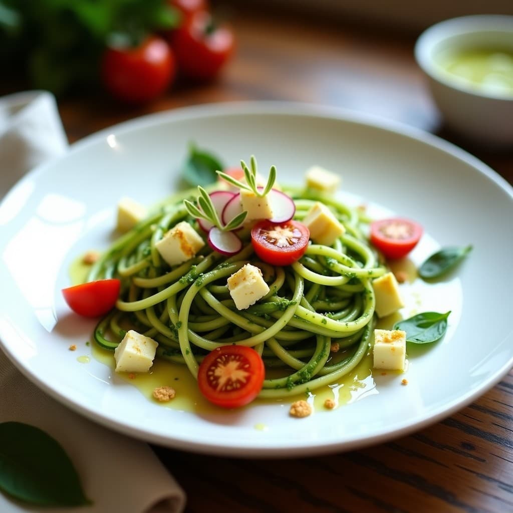 Plato blanco con espaguetis de calabacín crudos espiralizados, cubiertos de pesto de albahaca verde brillante y trozos de queso cremoso de cáscara de piña. Decorado con tomates cherry rojos y germinados de rábano. Receta crudivegana sin lácteos.