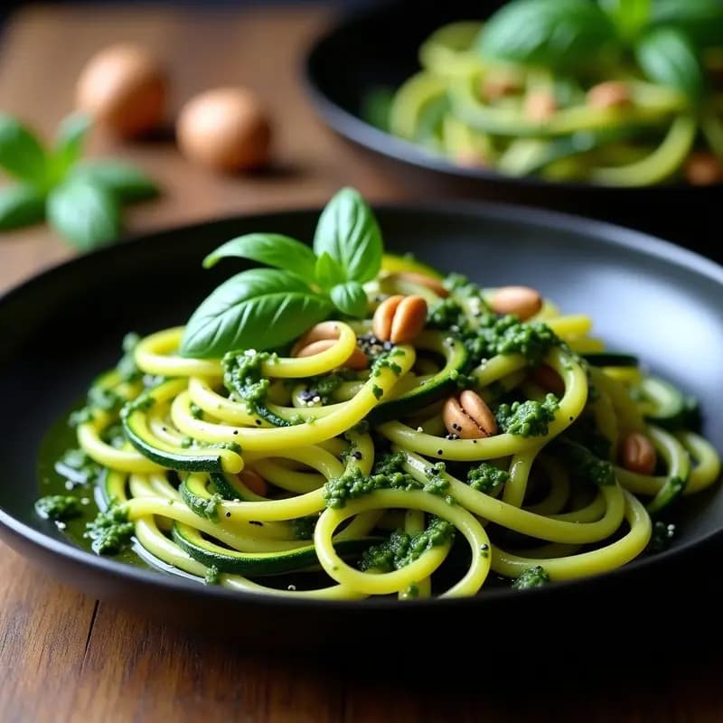 Plato oscuro de cerámica con espaguetis de calabacín frescos, bañados en un vibrante pesto verde de rúcula y piñones tostados, decorados con semillas de sésamo negro y hojas de albahaca. Receta italiana low-carb.