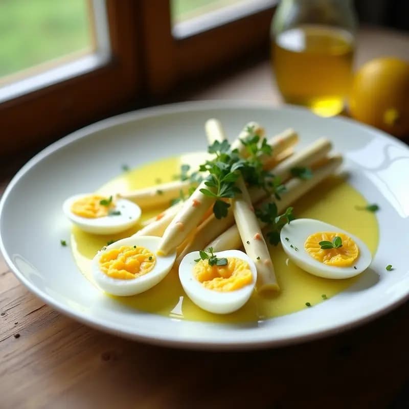 Plato blanco ovalado con espárragos blancos en conserva dispuestos en abanico, acompañados de huevos duros cortados en cuartos. Todo bañado en una vinagreta de limón brillante, decorado con cebollino y perejil fresco picado. Entrante de primavera sin lácteos, fresco y colorido.