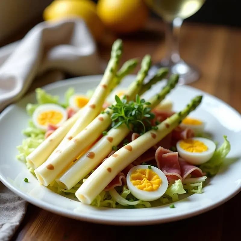 Plato blanco elegante con espárragos blancos en conserva dispuestos en abanico, acompañados de taquitos de jamón serrano, cuartos de huevo duro y lechuga iceberg, todo bañado en una vinagreta brillante de limón. Decorado con cebollino fresco picado. Receta de espárragos blancos con vinagreta de limón y jamón.