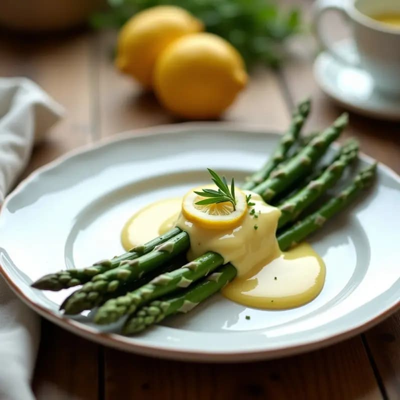 Plato blanco elegante con bernaises de espárragos verdes perfectamente cocidos, bañados en una salsa holandesa cremosa de color amarillo pálido con toques de estragón fresco y rodajas de limón como decoración. Receta francesa keto.
