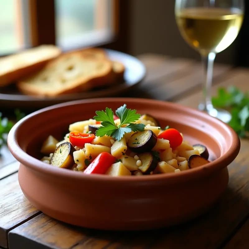 Plato hondo de barro con espencat catalán: berenjenas y pimientos asados en trozos, bacalao desalado desmenuzado, aliñado con aceite de oliva y perejil. Receta de verano tradicional.