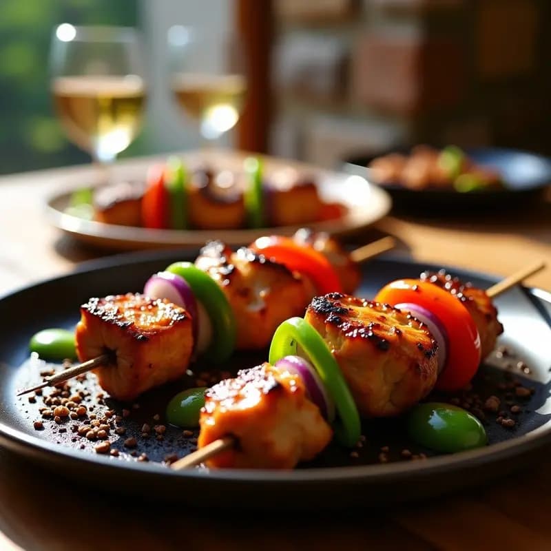 Brochetas de espetada portuguesa con trozos de pollo dorado, pimientos verdes y cebolla morada caramelizada, cocinadas a la parrilla con humo, servidas en plato de barro rústico con perejil fresco.
