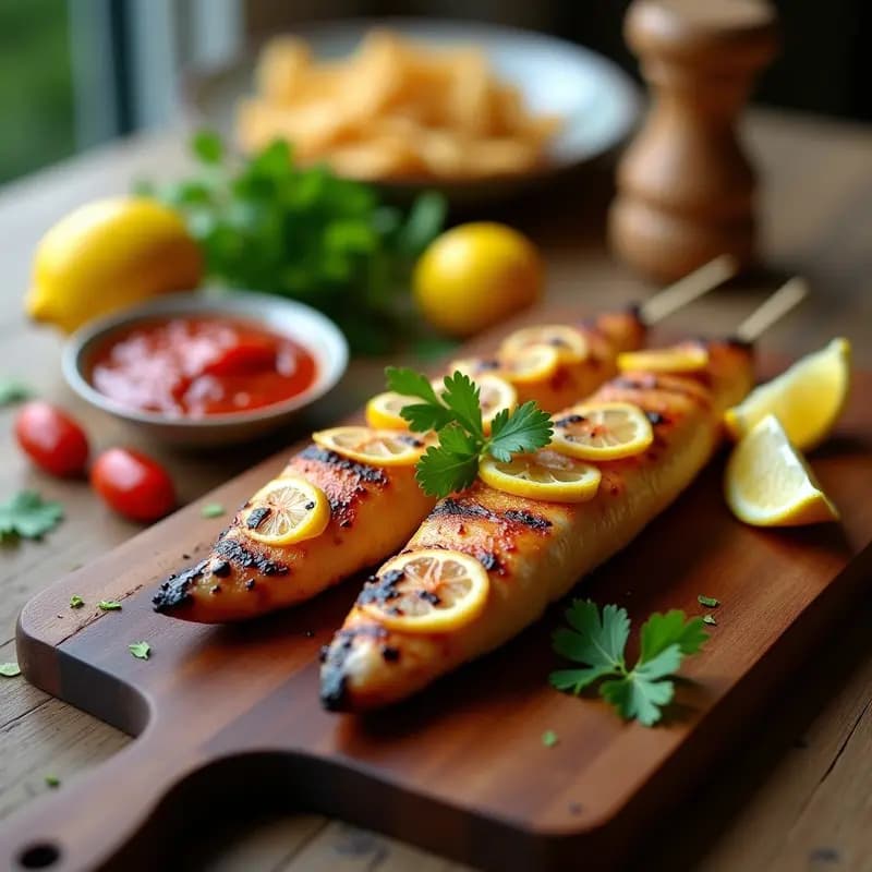Espetadas de sardeinas doradas asadas en grill con rodajas de limón y hojas de perejil, bañadas en salsa piri-piri, sobre fondo rústico de madera.