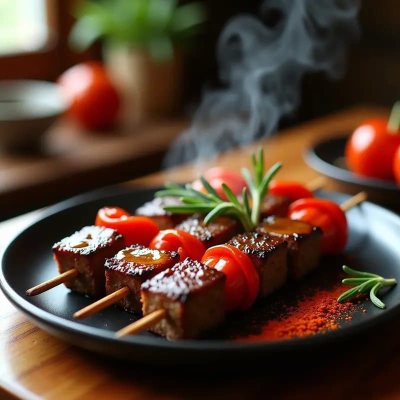 Espetadas de ternera doradas con trozos de pimientos piquillo rojos y cebolla morada, asadas en airfryer con costra caramelizada y humo sutil. Plato rústico de madera con fondo oscuro que resalta el toque ahumado.