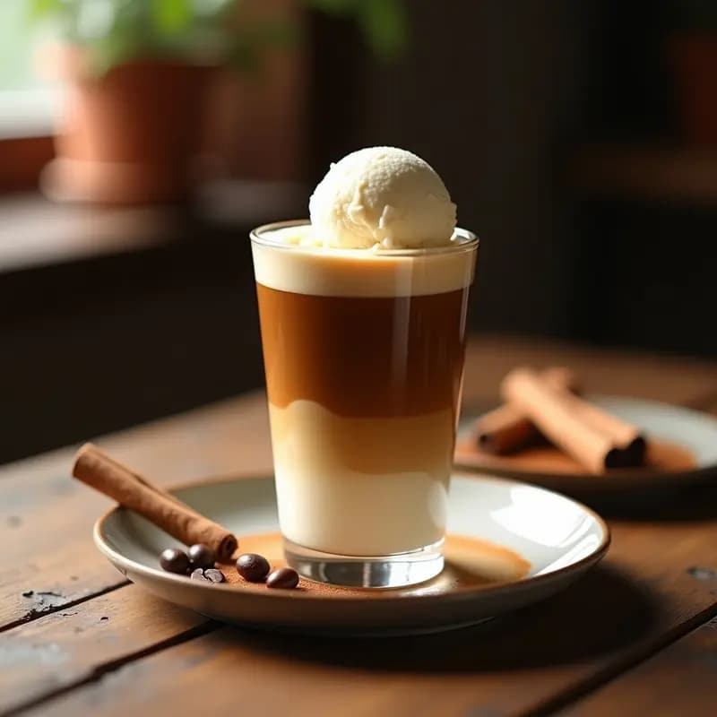 Vaso alto transparente con espressino de café y helado de vainilla, mostrando capas de café oscuro, leche espumosa y una bola de helado cremoso en la parte superior, espolvoreado con canela.