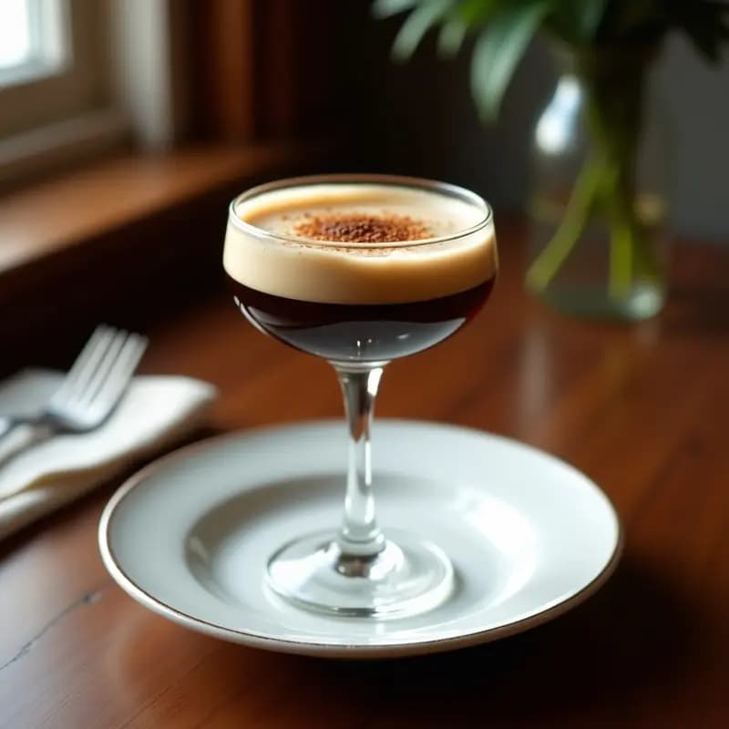 Copa de martini transparente con Espresso Martini vegano, capa superior de crema de coco espumosa, granizada de café y virutas de coco tostado sobre fondo oscuro elegante.