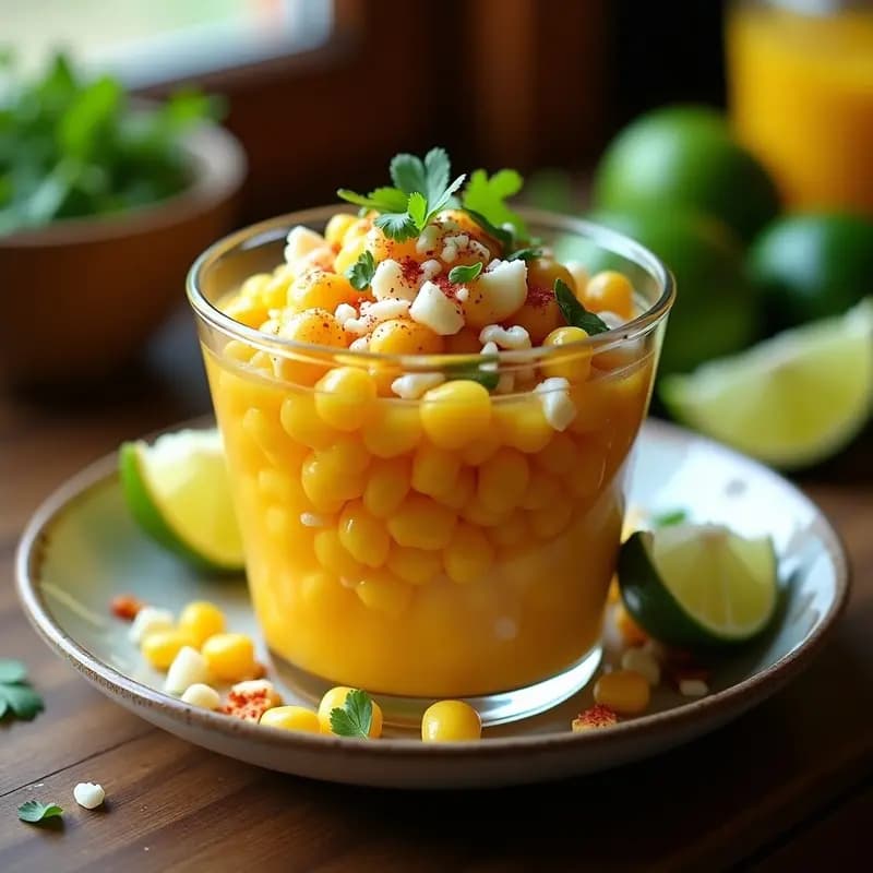 Vaso transparente repleto de esquites mexicanos sin mantequilla, con granos de maíz amarillo, queso cotija desmenuzado, cebolla morada picada y cilantro fresco, espolvoreados con chili en polvo. Fondo rústico de madera con limas cortadas y hojas de cilantro alrededor.