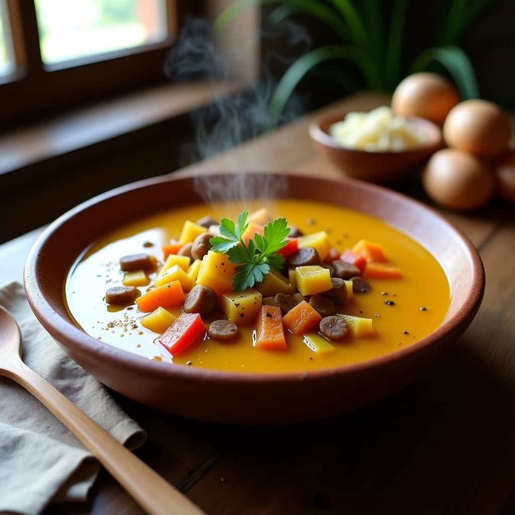 Estofado espeso de raíces de achira en cubos dorados, bañados en un caldo amarillento por la cúrcuma, con trozos de cebolla morada, pimiento rojo y apio. Decorado con perejil fresco picado. Plato servido en cuenco de barro rústico sobre fondo de madera.