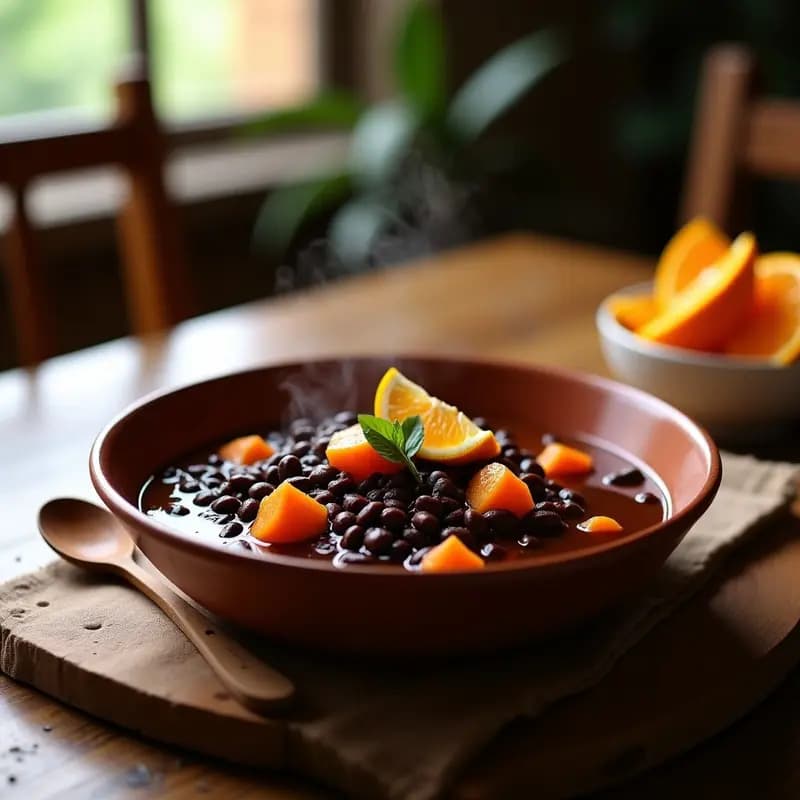 Estofado espeso de alubias negras y batata en cuenco de barro, con trozos de batata deshecha y un toque de zumo de naranja visible. Plato tradicional cubano en olla lenta, servido con una cuchara de madera y rodajas de naranja al lado.