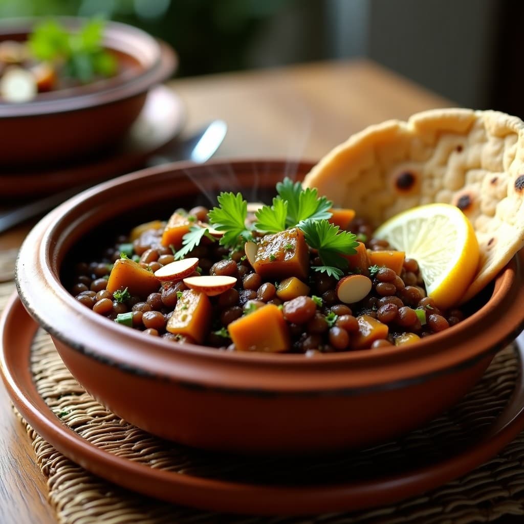 Estofado cremoso de berenjena y lentejas en un cuenco de barro, con especias árabes visibles, decorado con almendras tostadas y cilantro fresco. Plato vegano de olla lenta con textura sedosa y colores tierra.