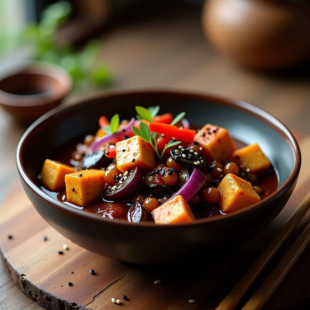 Estofado japonés vegano en olla lenta con berenjena asada en cubos dorados, tofu firme, pimiento rojo y cebolla morada bañados en una salsa teriyaki brillante y espesa, decorado con semillas de sésamo negro y alga nori, servido en un bol de cerámica oscura sobre fondo rústico de madera.