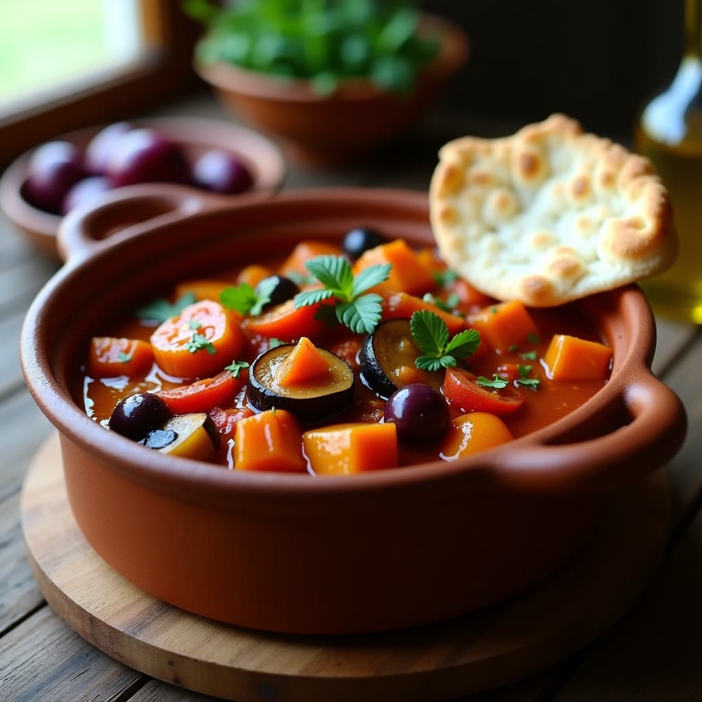 Cazuela de barro humeante con estofado de berenjenas y pimientos al estilo balcánico vegano, lleno de trozos de berenjena dorada, pimientos rojos asados, tomates frescos y aceitunas Kalamata, decorado con perejil fresco y un chorrito de aceite de oliva virgen extra. Plato tradicional con pan de pita al lado.