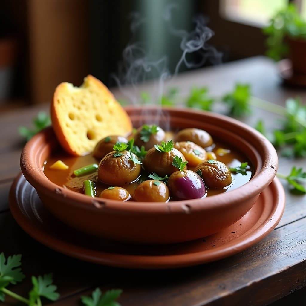 Cuenco de barro humeante con estofado de caracoles a la gallega, bañados en un caldo espeso con ajo y perejil fresco, acompañado de pan de maíz tostado sobre una mesa rústica de madera.