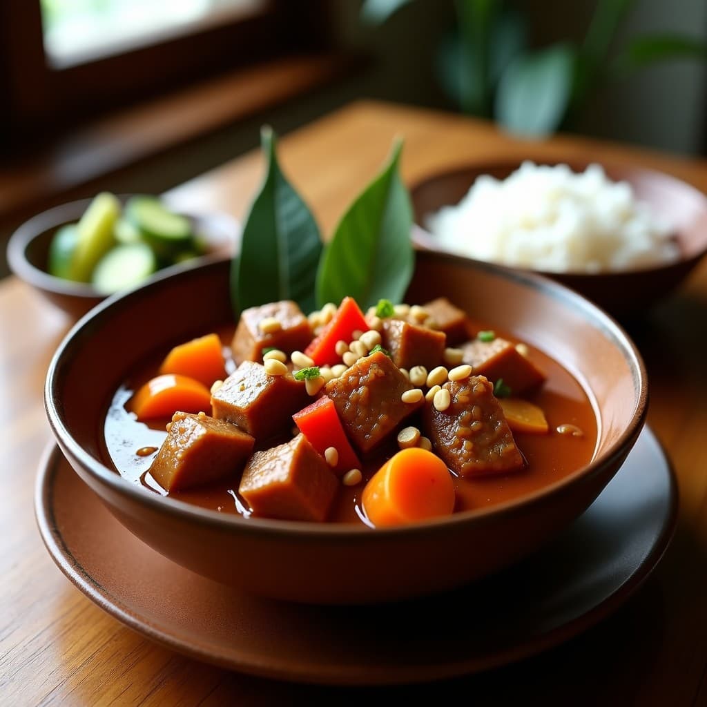 Estofado filipino de cerdo en salsa espesa de tamarindo y maní, servido en un bol de barro con arroz blanco y decorado con maní tostado picado. Plato colorido con zanahorias y pimientos rojos visibles.