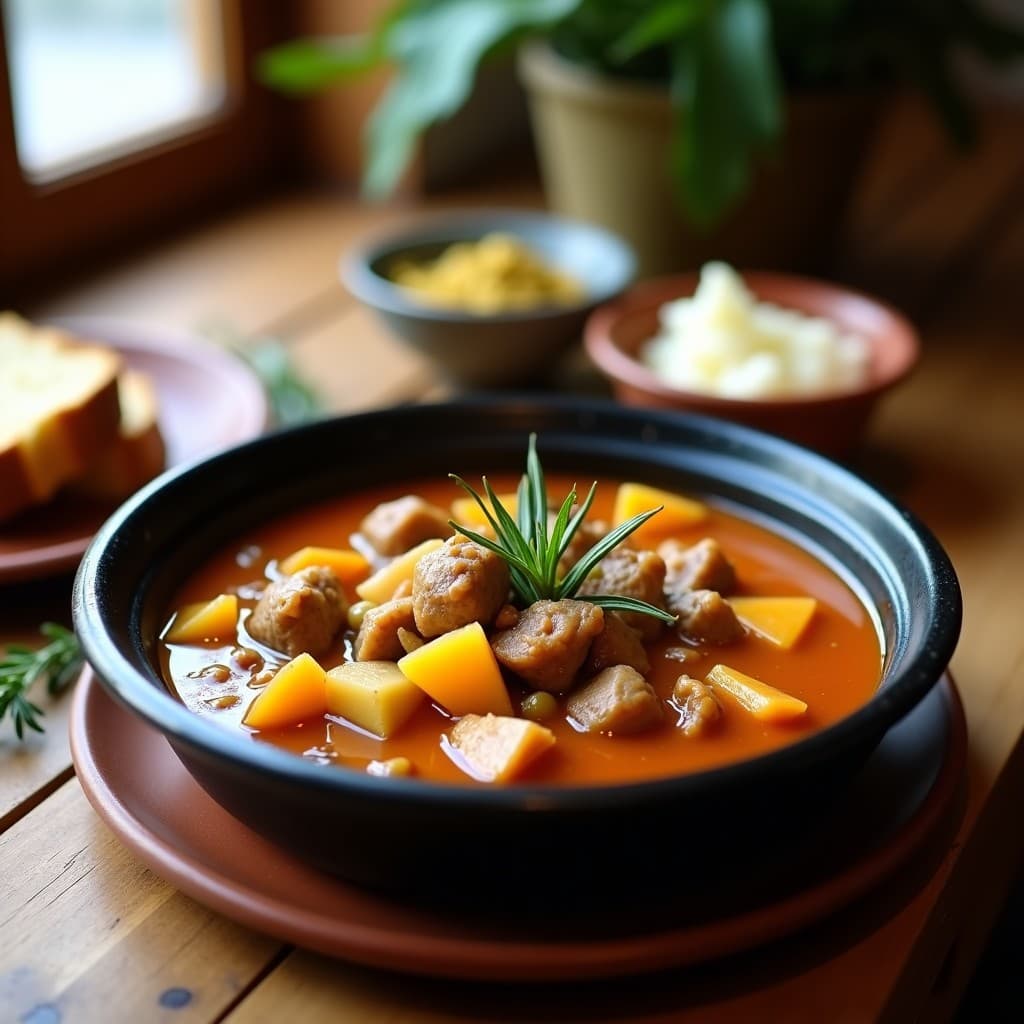 Olla de barro negra con estofado de conejo troceado, alcachofas doradas y azafrán, servido en plato de barro rústico sobre mesa de madera con hierbas frescas y pan tostado.
