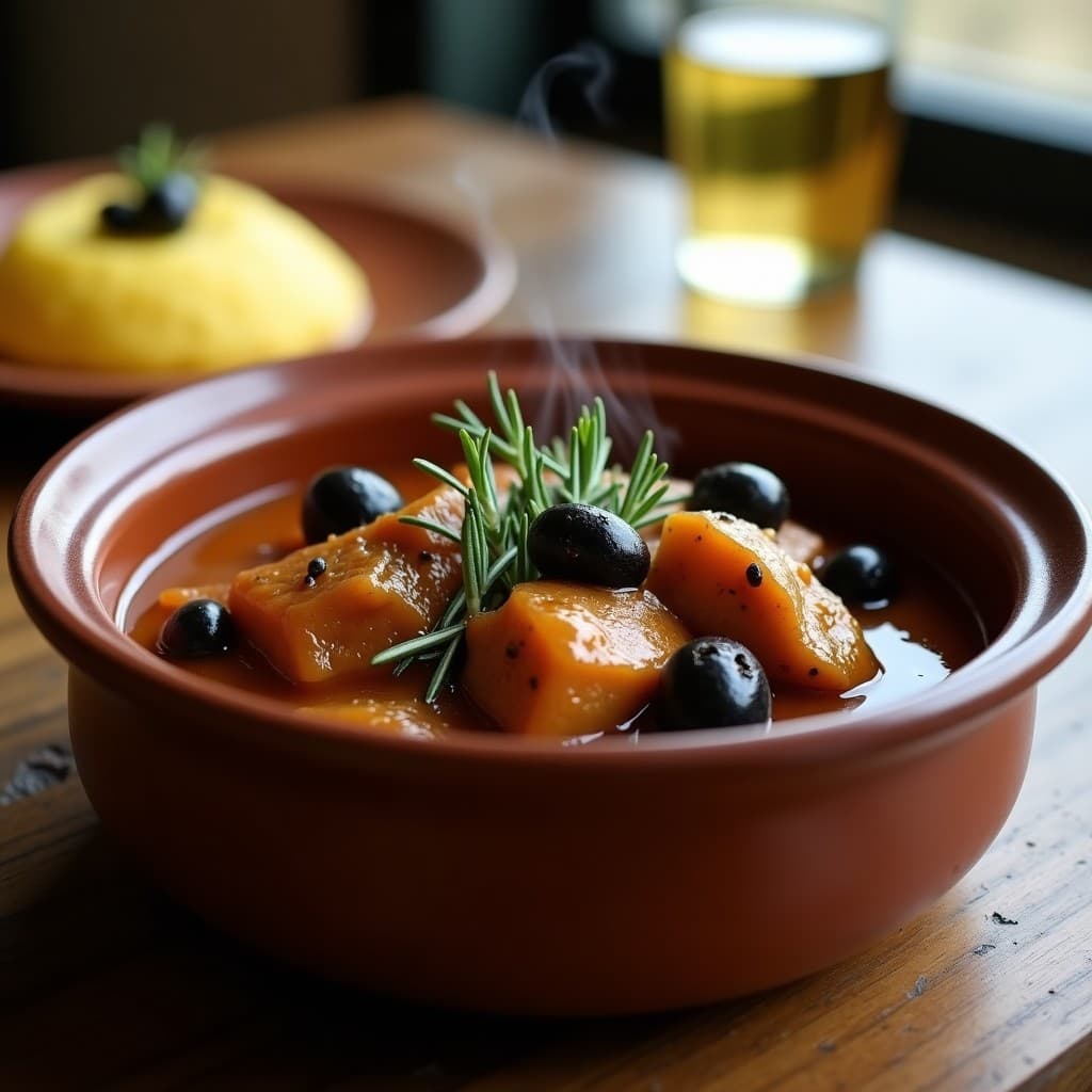 Estofado de conejo con alcaparras y aceitunas negras en olla lenta, servido en plato hondo de barro con hierbas frescas y un hilo de aceite de oliva, receta italiana alta en hierro.
