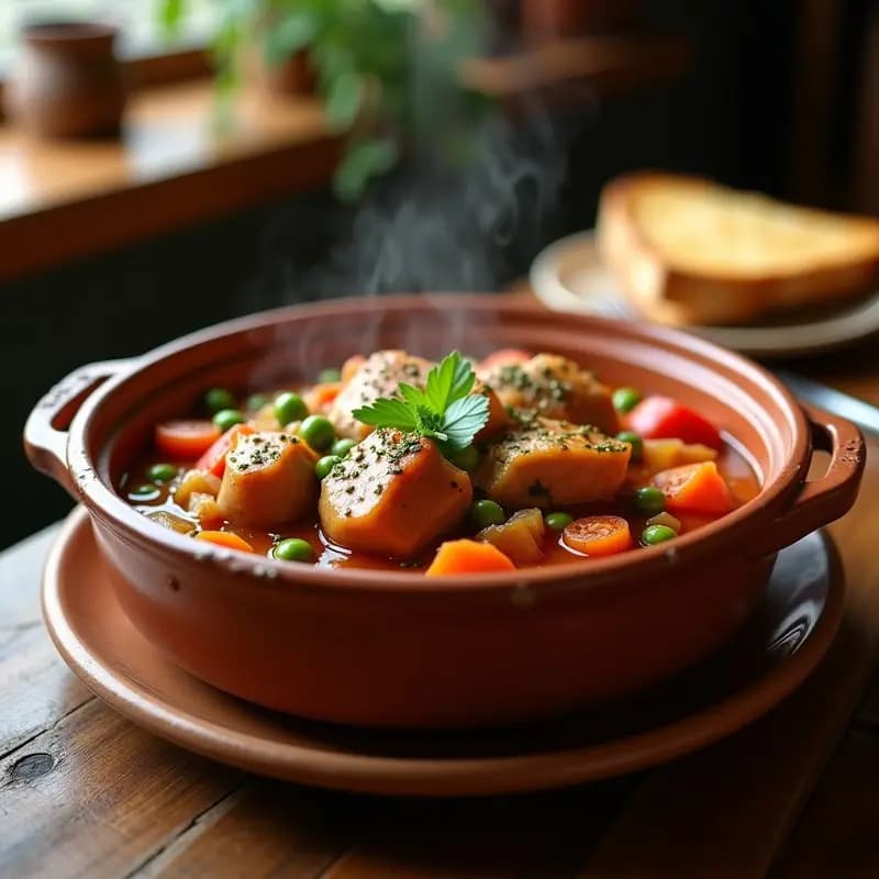 Cazuela de barro humeante con estofado de conejo con guisantes y tomate, servido en plato hondo rústico con trozos de conejo tiernos, guisantes verdes brillantes y salsa espesa de tomate. Acompañado de rebanada de pan tostado.