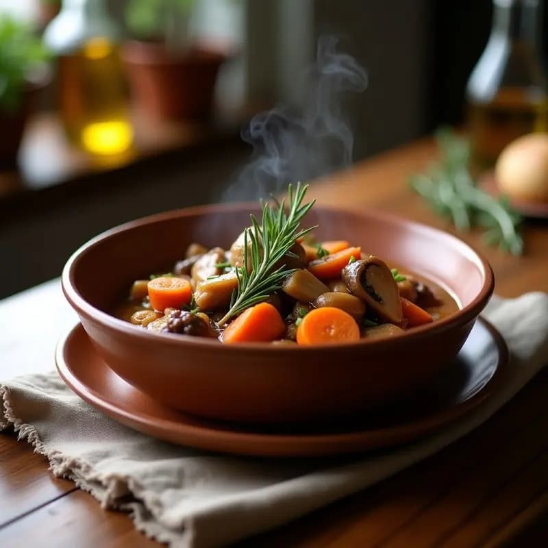 Estofado de conejo con setas y romero en olla lenta, servido en cuenco de barro con salsa espesa y trozos tiernos de carne, champiñones y zanahoria, decorado con ramita de romero fresco.