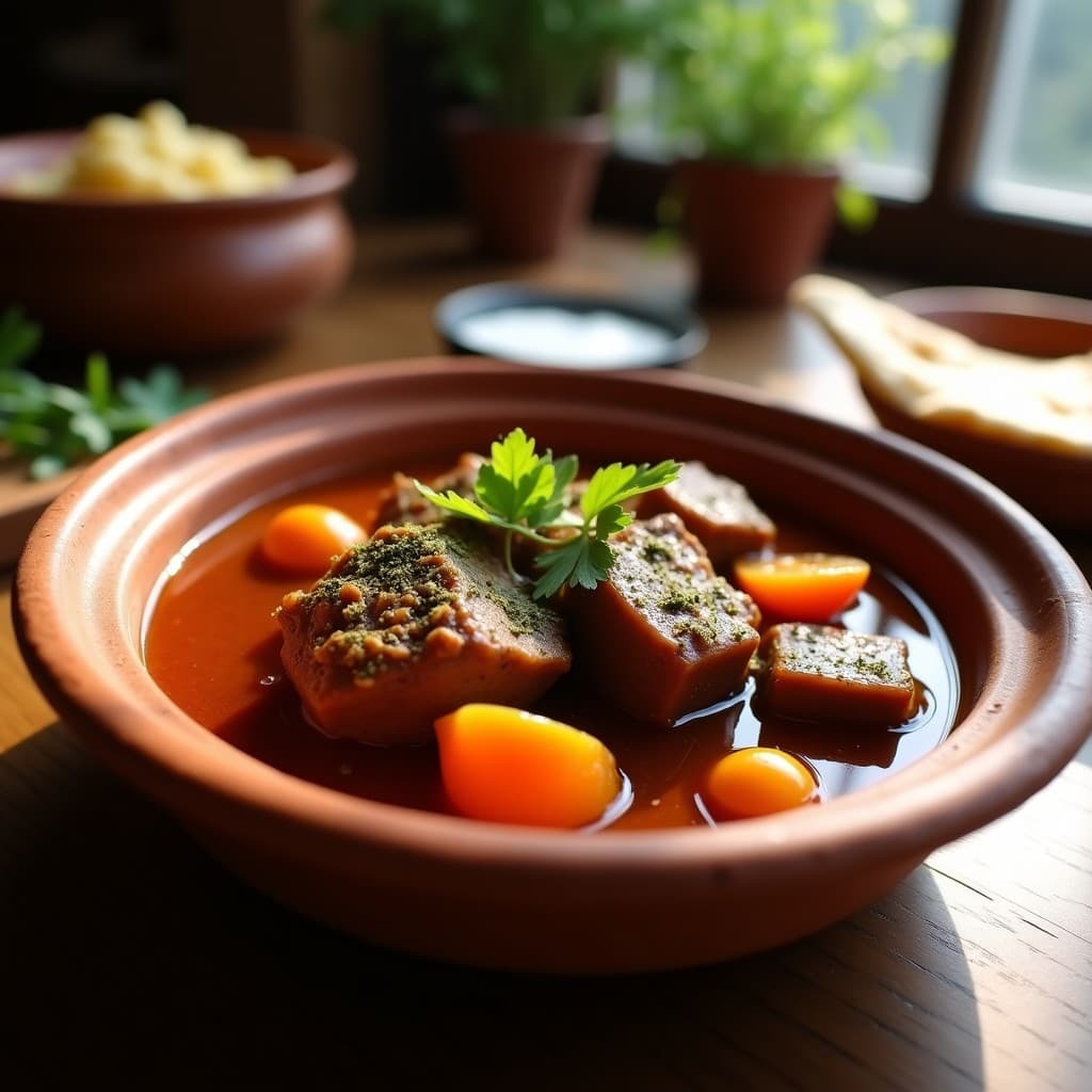Estofado eritreo de cordero con berenjenas y tomate de árbol servido en olla de barro rústica, con salsa espesa y oscura, decorado con semillas de sésamo y hierbabuena fresca. Plato tradicional africano lleno de especias y sabores intensos.