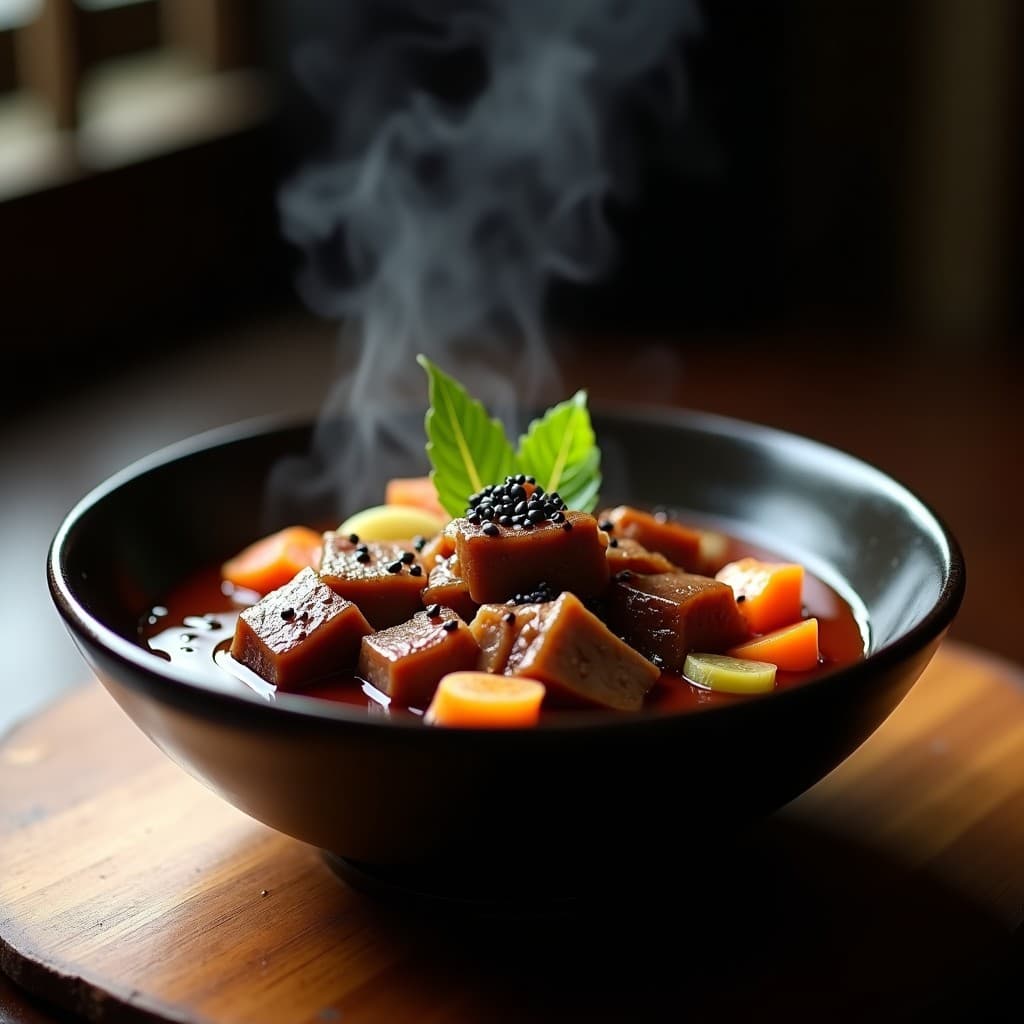 Estofado japonés de cordero en olla lenta con ciruelas ume y jengibre, servido en un bol negro con semillas de sésamo y hojas de shiso, sobre una mesa de madera rústica.