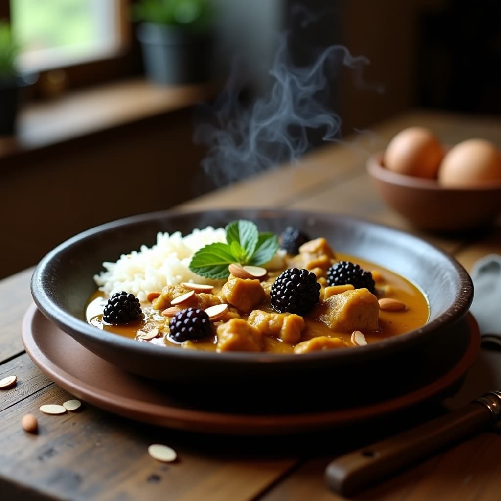 Plato hondo de barro oscuro con estofado de cordero iraní en olla exprés, trozos tiernos de carne bañados en salsa dorada con cúrcuma, zarzamoras enteras y almendras fileteadas. Acompañado de arroz basmati blanco y decorado con hojas de hierbabuena fresca.