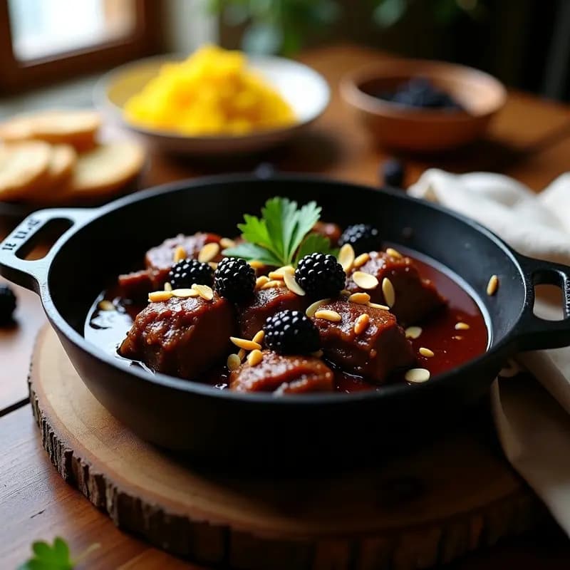 Plato hondo de barro con estofado de cordero con zarzamora y miel iraní, salsa espesa y brillante con trozos de carne tierna, zarzamoras enteras y hojas de menta fresca, servido sobre un mantel rústico con arroz basmati al lado.