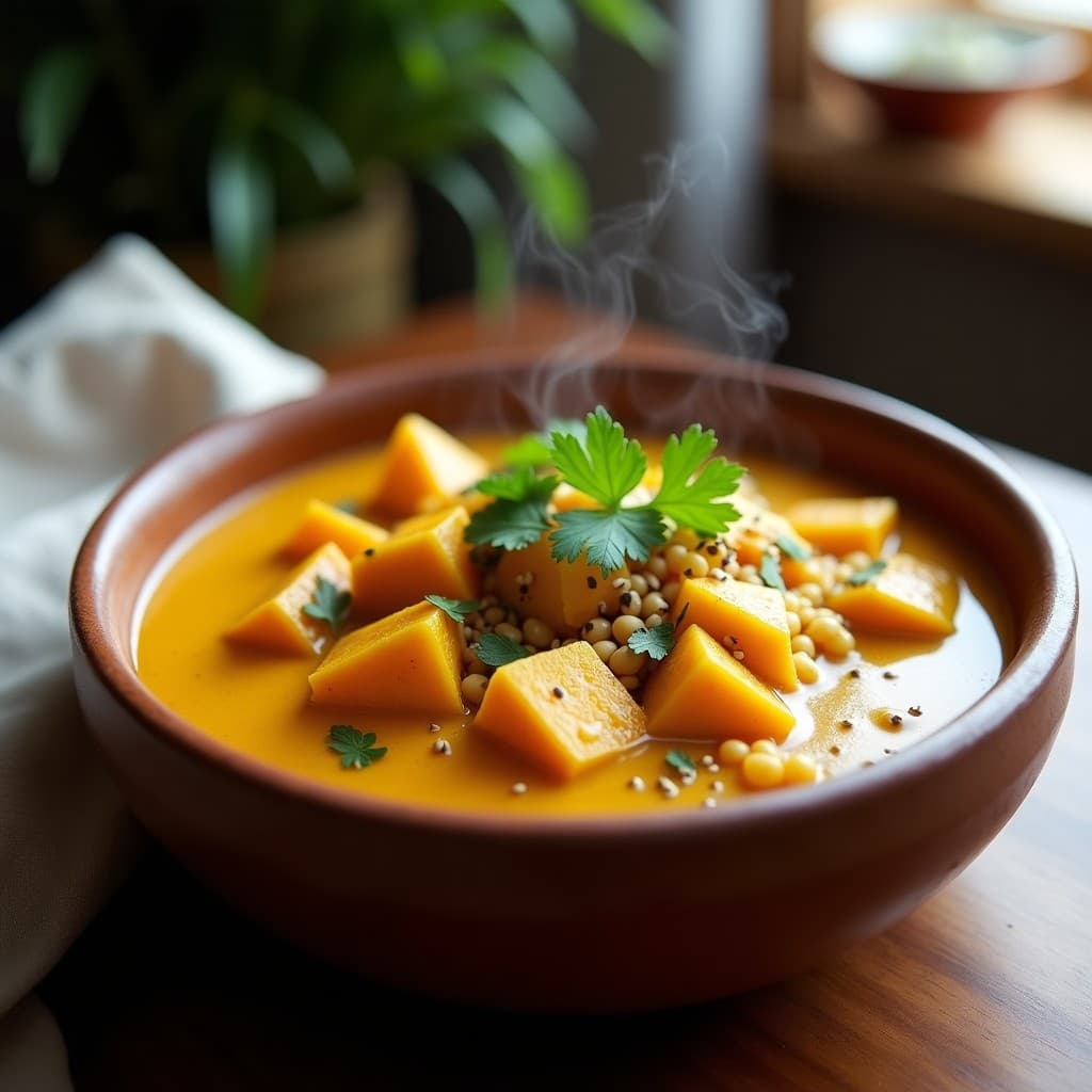 Estofado ayurvédico de frijoles mungo dorados con cubos de calabaza butternut, jengibre y especias, servido en un bol de cerámica blanca con semillas de sésamo tostadas y cilantro fresco. Plato reconfortante y vegano, cocinado en olla lenta.