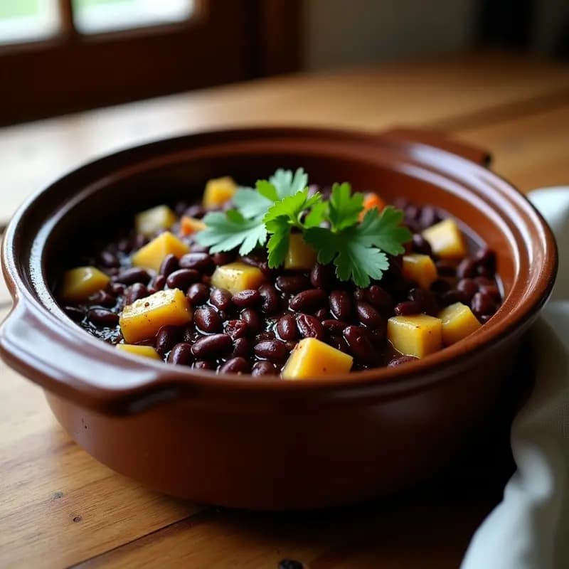 Olla lenta con estofado espeso de frijoles negros y trozos tiernos de chayote, decorado con cilantro fresco. Plato tradicional antillano reconfortante y lleno de sabor.