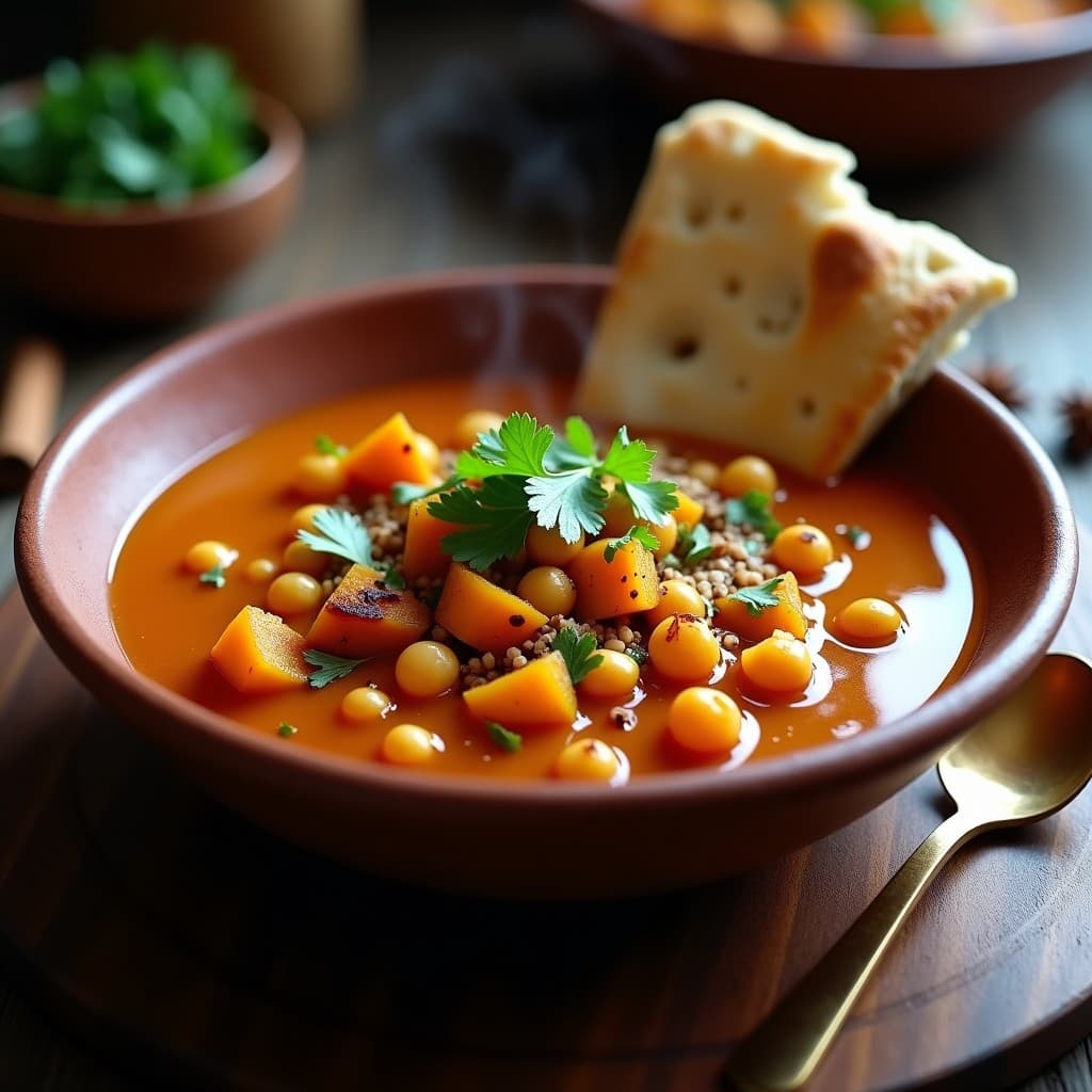 Cuenco de barro oscuro con estofado de garbanzos y calabaza beréber, garbanzos enteros y trozos de calabaza dorada en salsa espesa y especiada, decorado con almendras tostadas y cilantro fresco, acompañado de pan de pita. Receta vegana en Thermomix.