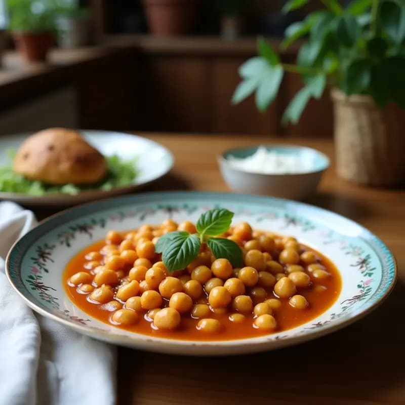 Estofado tailandés vegano de garbanzos negros con leche de coco y hojas de limón kaffir, servido en un bol hondo de cerámica oscura con arroz jazmín blanco. Decorado con cilantro fresco y semillas de cilantro tostadas, con un fondo de especias tailandesas y una cucharón de madera.