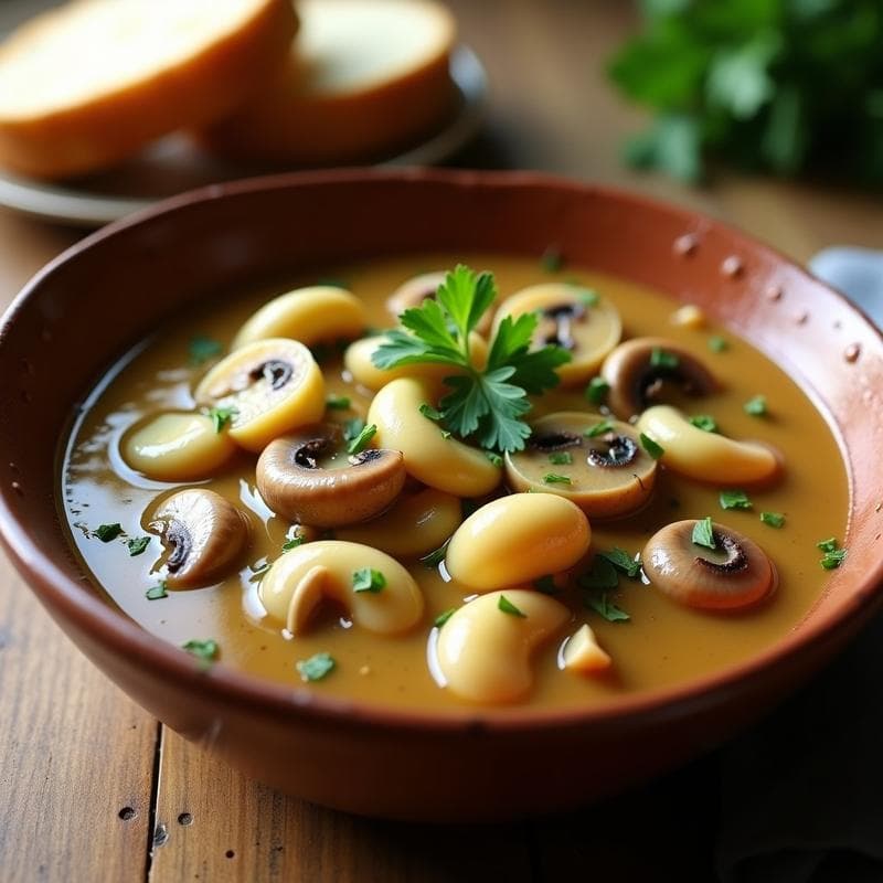 Estofado vegano de hongos ostra y alcachofas en salsa de vino blanco servido en cuenco de barro, con trozos dorados de hongos y alcachofas en una salsa cremosa, decorado con hierbas frescas y acompañado de quinoa. Receta Thermomix.