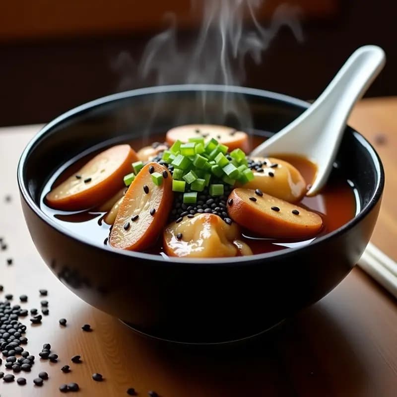 Estofado japonés en olla exprés con hongos shimeji dorados, rodajas de raíces de loto y salsa teriyaki brillante, servido en un bol hondo de cerámica negra con semillas de sésamo tostadas y cebolla morada.
