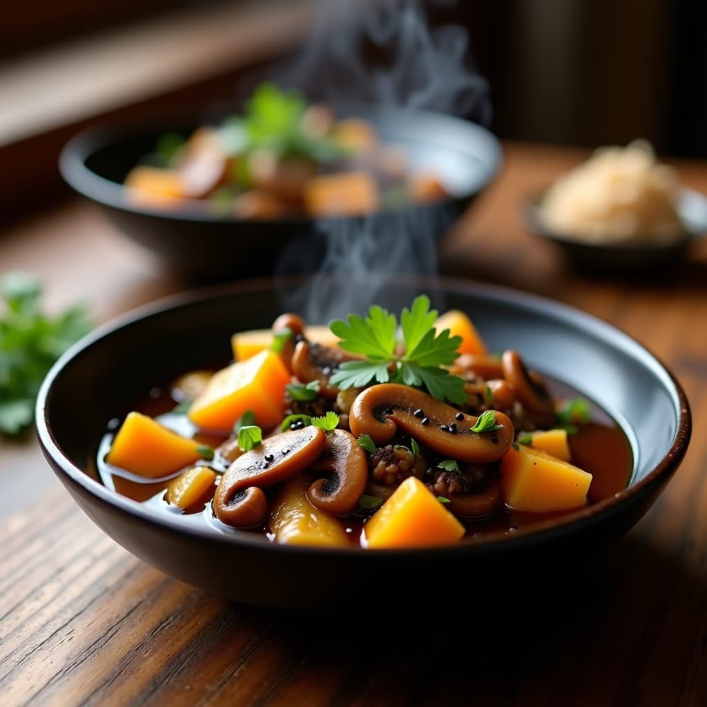 Estofado vegano de hongos maitake y calabaza delicata en cuenco rústico de cerámica, con semillas de sésamo negro y algas nori. Plato reconfortante y lleno de umami, servido en olla exprés.