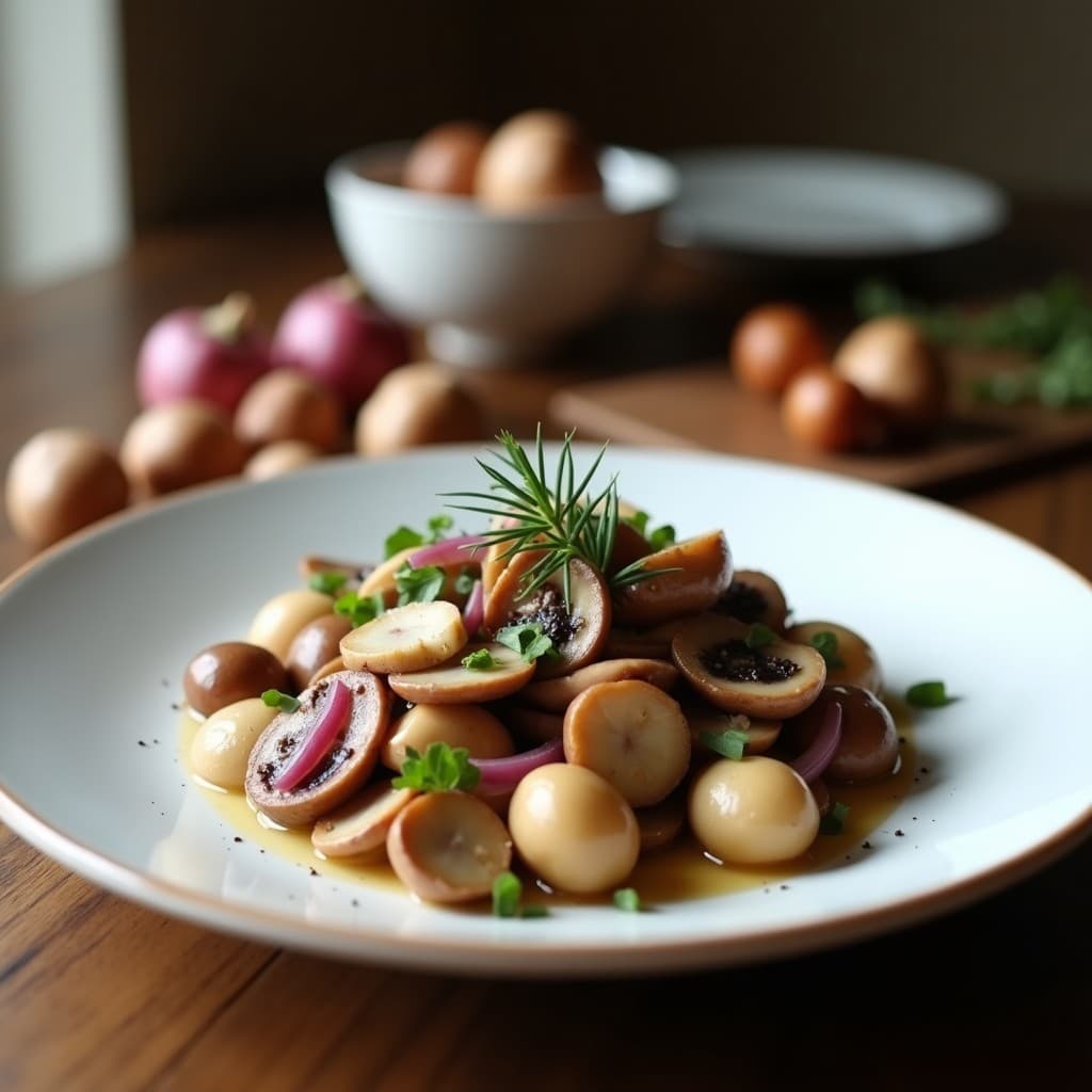 Estofado portugués en olla lenta de hongos ostra dorados y castañas enteras, bañados en una salsa oscura y brillante de vino Porto, con almendras fileteadas y perejil fresco espolvoreado. Servido en un plato hondo de barro con fondo rústico.