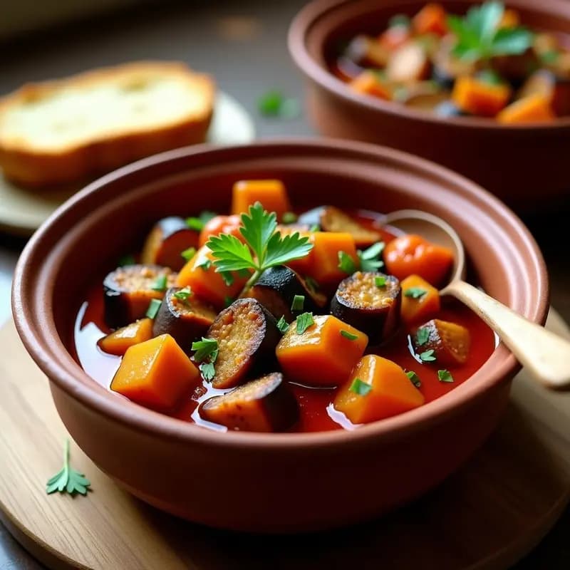Plato hondo de barro con estofado de jackfruit y berenjenas en salsa espesa de tomate y pimentón, decorado con perejil fresco. Fondo rústico con pan tostado y una cuchara de madera.