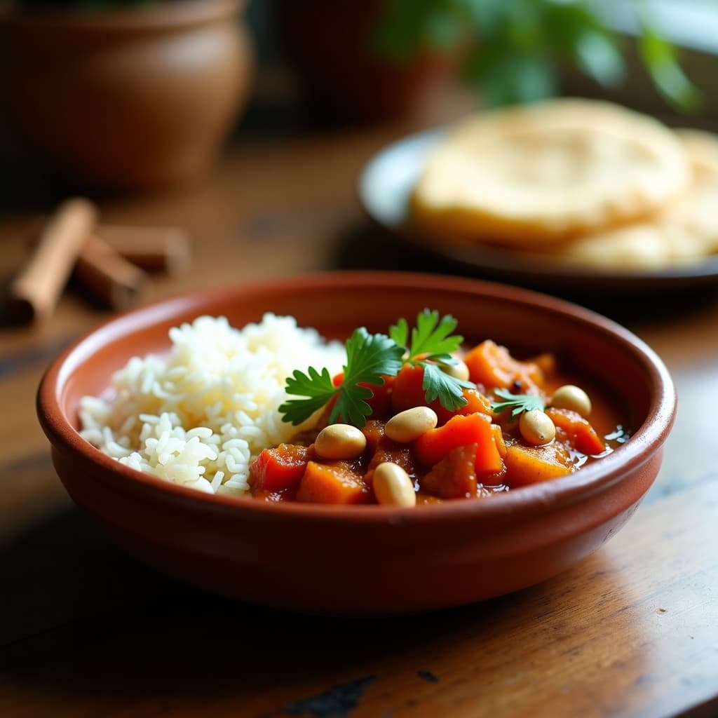 Estofado de jackfruit y cacahuetes en bowl de barro, con salsa espesa y cremosa de color marrón rojizo, decorado con cilantro fresco y cacahuetes tostados. Acompañado de pan de injera y arroz basmati, en un fondo rústico con especias al lado.