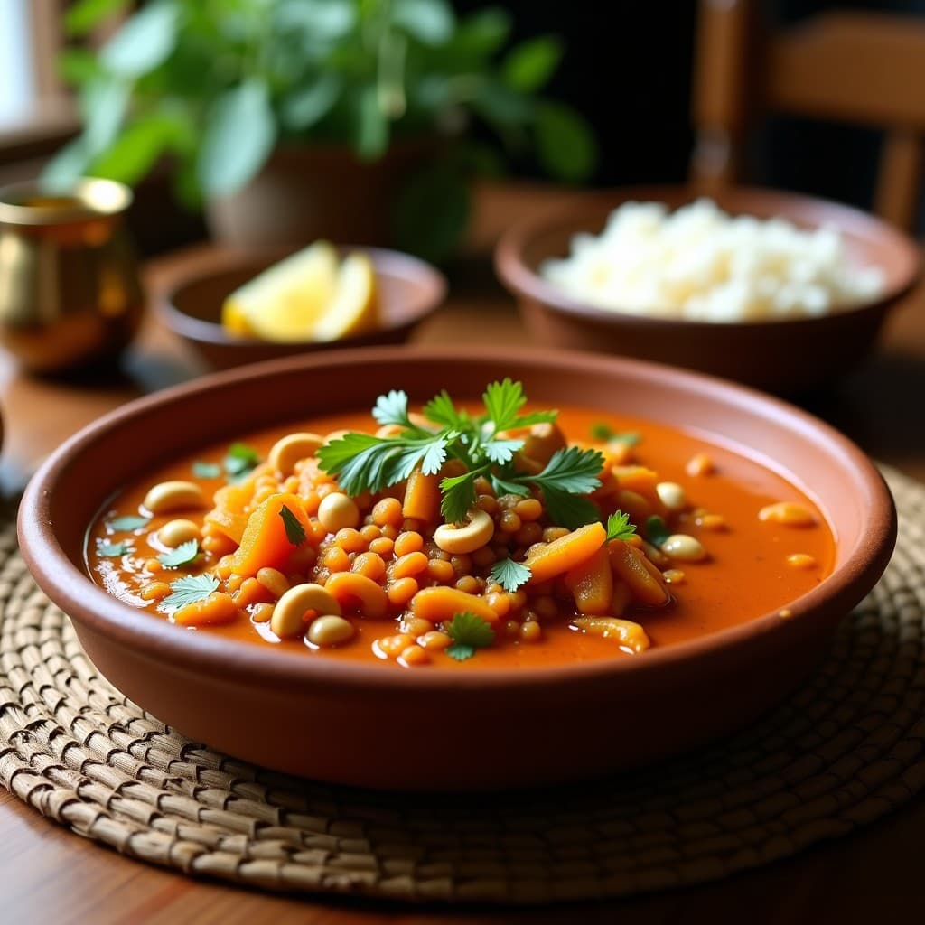 Estofado indú vegano de jackfruit y lentejas rojas en salsa de tamarindo, servido en un bol de barro con anacardos tostados y cilantro fresco, acompañado de arroz basmati.