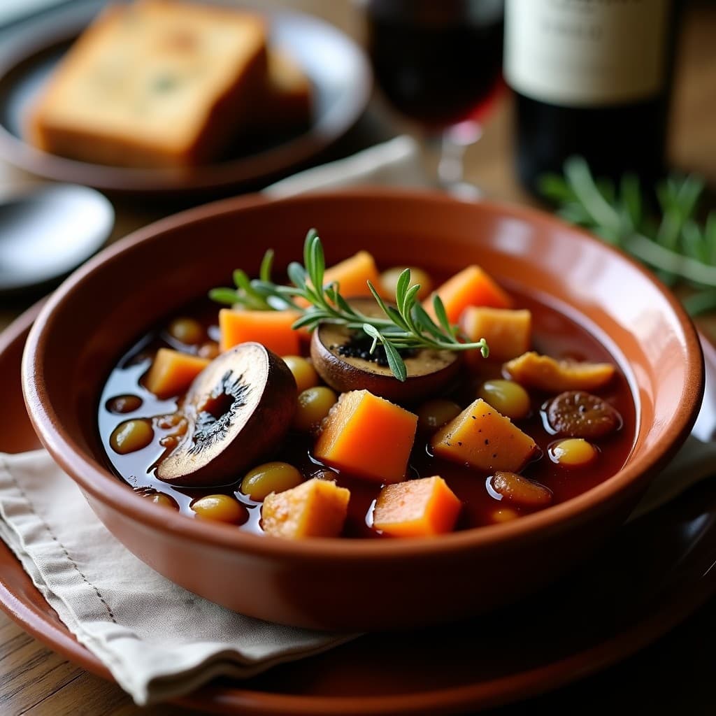 Estofado vegano espeso de jackfruit desmenuzada y láminas de champiñones portobello en salsa oscura de oporto, servido en un bol de barro con hierbas frescas. Receta de olla express.