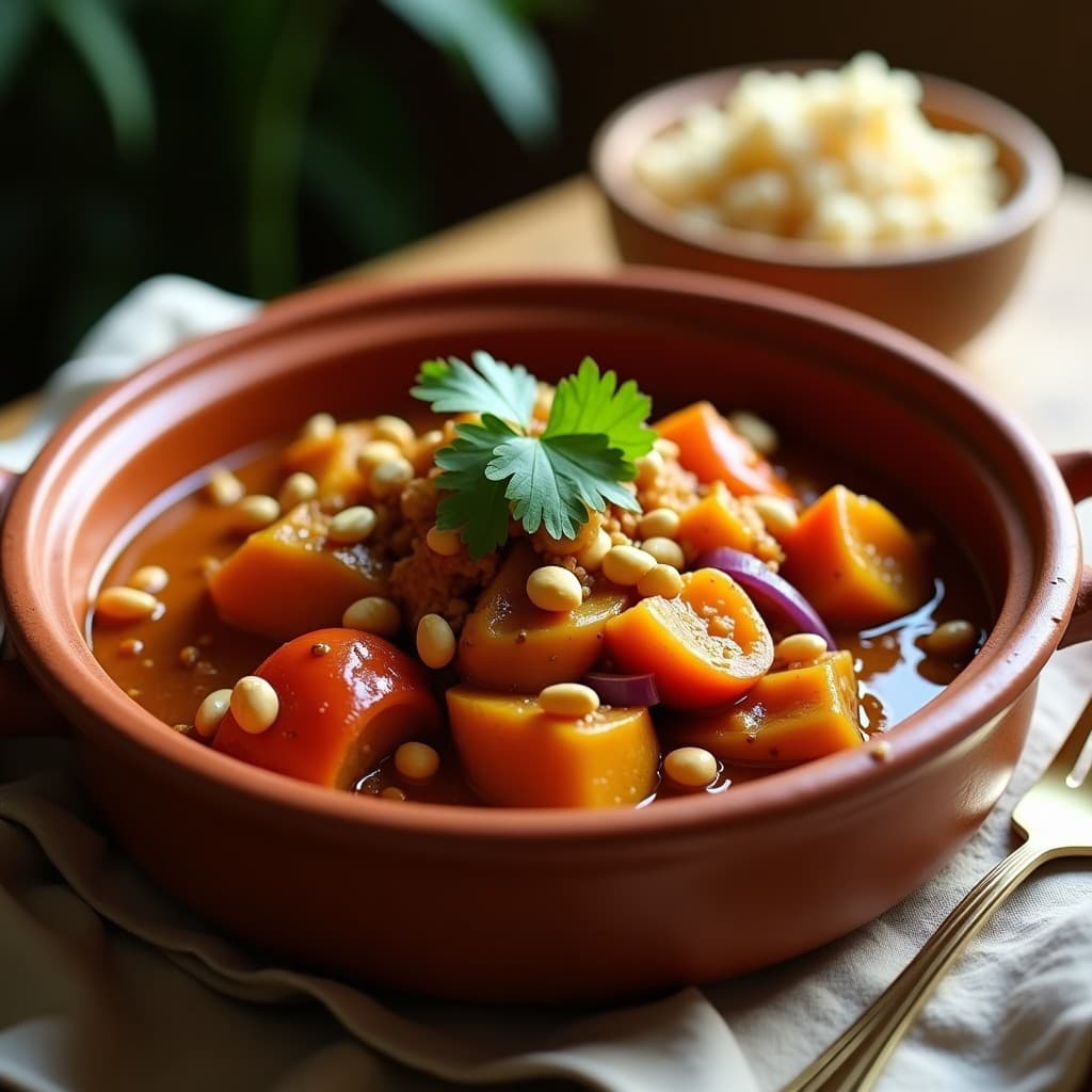 Estofado espeso de jackfruit desmenuzado en una olla de barro, bañado en una salsa brillante de color ámbar por el cacahuete y tamarindo, con trozos de pimiento rojo y cebolla. Decorado con hojas de cilantro fresco y unos cacahuetes picados por encima. Plato típico africano vegano de inspiración senegalesa, servido en un cuenco de madera rústico.