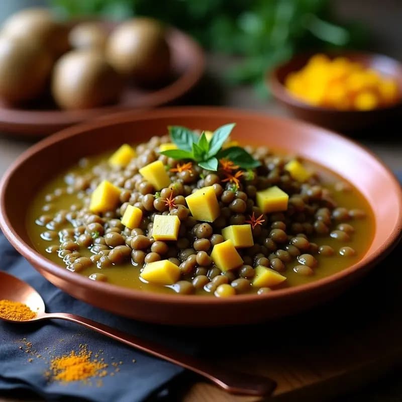 Estofado cremoso de lentejas beluga y OSA (calabacín verde claro) en un cuenco de barro, con un color dorado del azafrán y decorado con hebras de azafrán y rodajas de limón. Plato tradicional iraní adaptado a la cocina española en Thermomix.