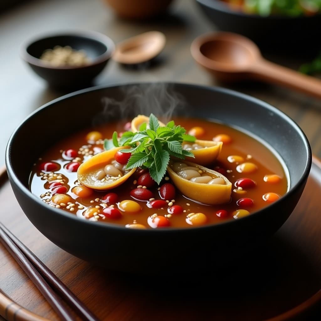 Cuenco hondo de cerámica negra con estofado de ostras y frijoles adzuki japonés, caldo dorado y espeso, ostras tiernas, frijoles rojos brillantes, decorado con hojas de perilla verde y semillas de sésamo tostadas, servido sobre mesa de madera rústica con palillos y cucharón de madera.