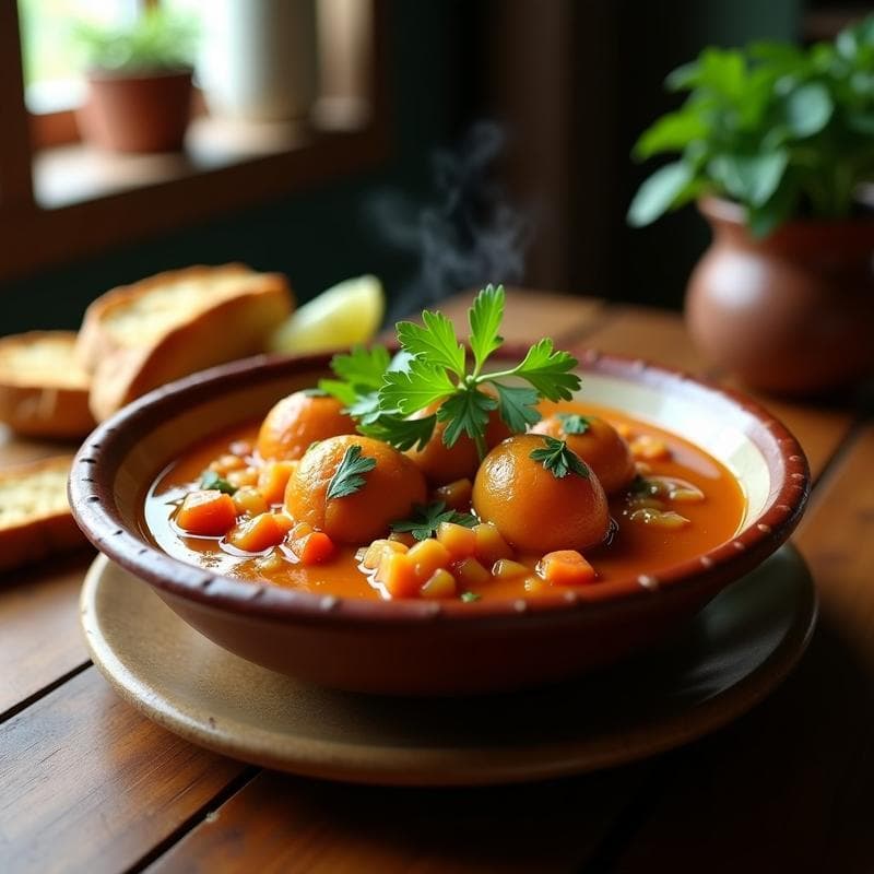 Plato hondo de barro con estofado de ostras y tomate de árbol en olla lenta, ostras enteras bañadas en salsa espesa de color ámbar, decorado con cilantro fresco y rodaja de limón, servido sobre mesa rústica con pan tostado.