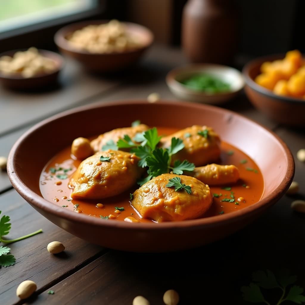 Estofado espeso de pollo en trozos dorados bañados en una salsa cremosa de cacahuetes con tonos dorados y especias africanas, decorado con cilantro fresco y servido en un cuenco de barro rústico sobre una mesa de madera.