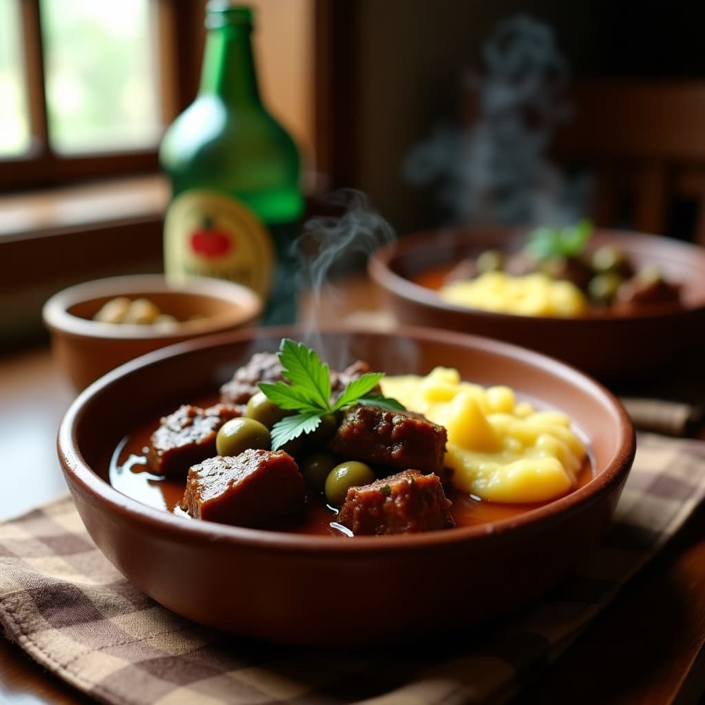 Plato hondo de barro con estofado de rabo de torno puertorriqueño, carne oscura y jugosa en salsa espesa con aceitunas y alcaparras, acompañado de puré de yautía cremoso y decorado con culantro fresco.