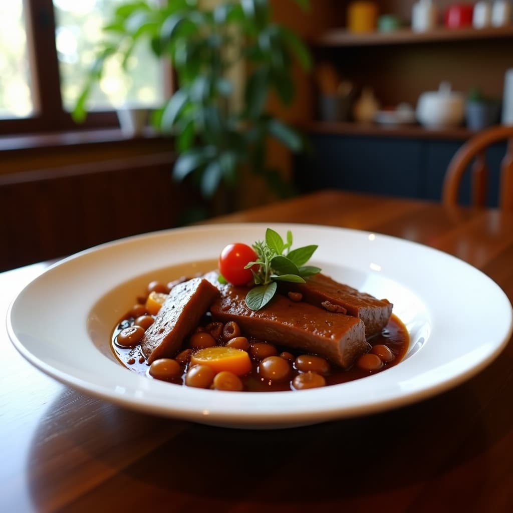 Estofado cubano de rabo de torro con café y especias en olla express, servido en plato hondo de barro con arroz blanco y tostones. Salsa oscura y brillante, trozos de carne tierna y especias visibles.